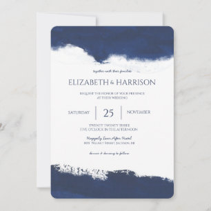 Simple Navy Blue Brush Stroke Watercolor Wedding Invitation