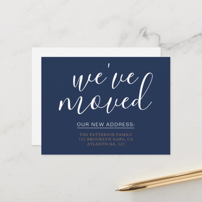 Simple Navy Blue Calligraphy We've Moved House Announcement Postcard (Front/Back In Situ)