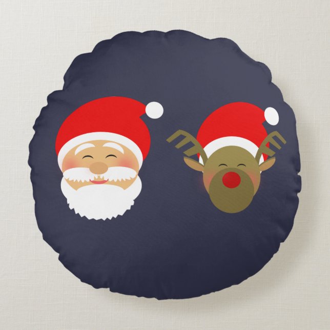 Simple Navy Blue Christmas Santa & Reindeer Round Cushion (Front)