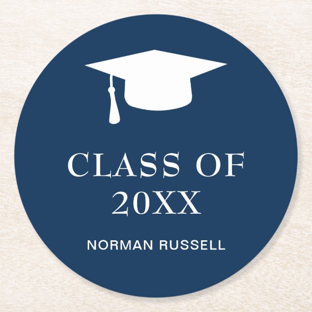 Simple Navy Blue Class Of Year Guy Graduation Cap Round Paper Coaster (Front)
