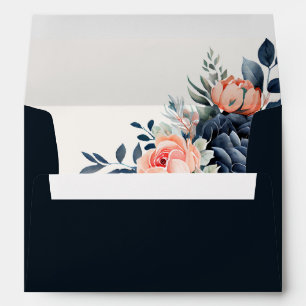 Simple Navy Blue Dusty Rose  Floral Wedding  Envelope