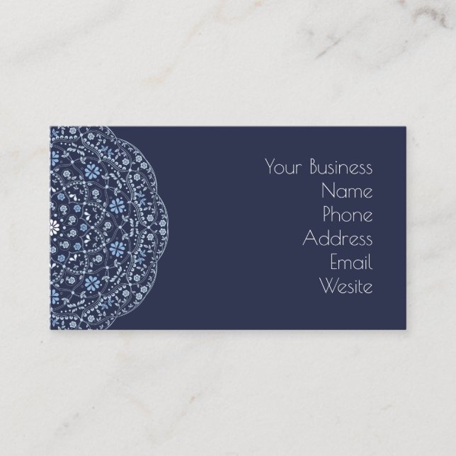 Simple Navy Blue Floral Minimalist Mandala Business Card (Front)