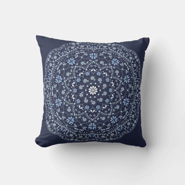 Simple Navy Blue Floral Minimalist Mandala Cushion (Front)