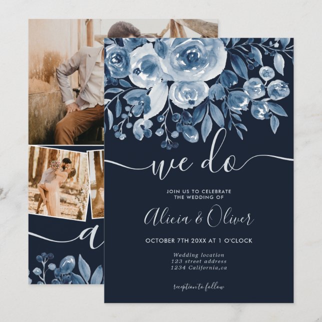 Simple navy blue floral photo initials wedding invitation (Front/Back)