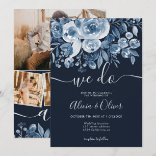 Simple navy blue floral photo initials wedding invitation