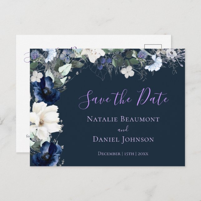 Simple Navy Blue Floral Save the Date Invitation Postcard (Front/Back)