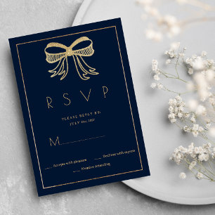 Simple navy blue gold glitter bow ribbon RSVP  Invitation