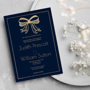 Simple navy blue gold glitter bow ribbon Wedding Invitation