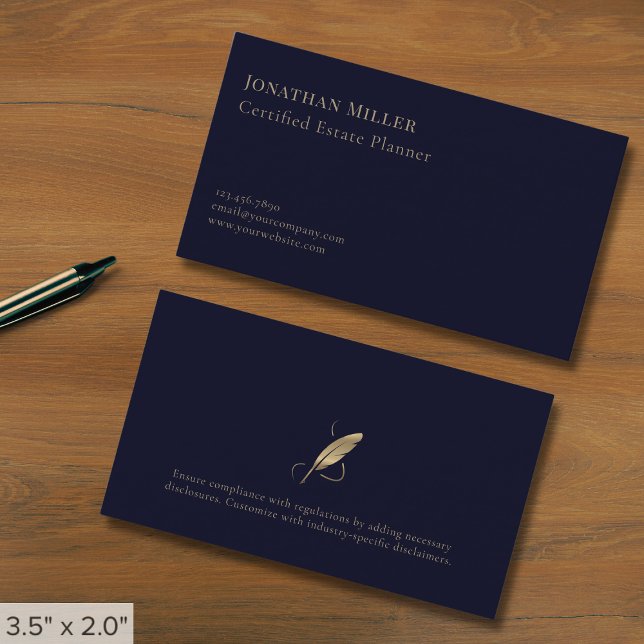 Simple Navy Blue Gold Quill Business Card (Creator Uploaded)