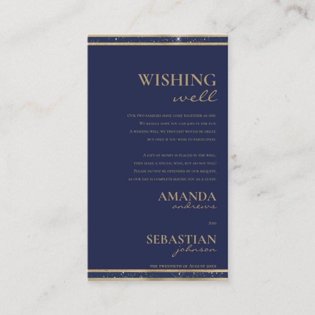 Simple navy blue gold typography wishing well enclosure card (Front)