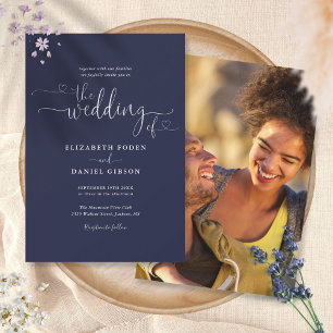Simple Navy Blue Hearts Script Photo Wedding Invitation