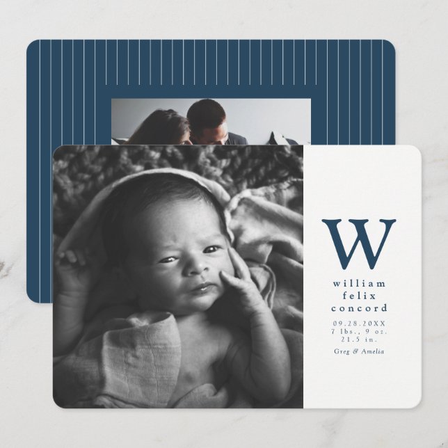 Simple navy blue initial birth announcement (Front/Back)