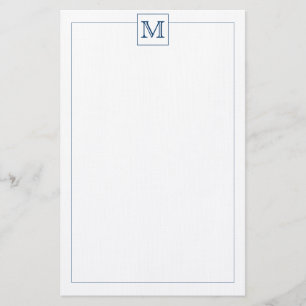 Simple Navy Blue Initial Monogram Square border Stationery