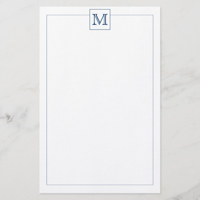 Simple Navy Blue Initial Monogram Square border Stationery (Front)