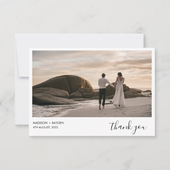Simple Navy Blue Landscape Photo Wedding Thank You Card (Front)