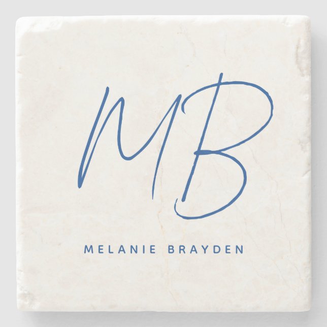 Simple Navy Blue Minimalist Monogram Stone Coaster (Front)