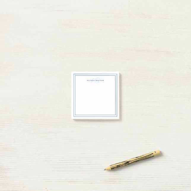 Simple Navy Blue Minimalist Monogram Two Border  Post-it Notes (On Desk)