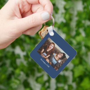 Simple Navy Blue Minimalist Photo Keepsake Key Ring