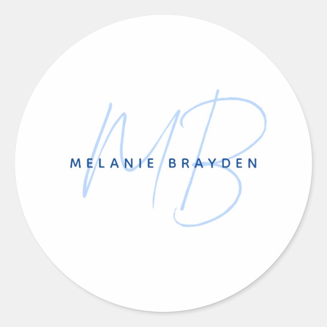 Simple Navy Blue Minimalist Two Monogram Name Classic Round Sticker (Front)
