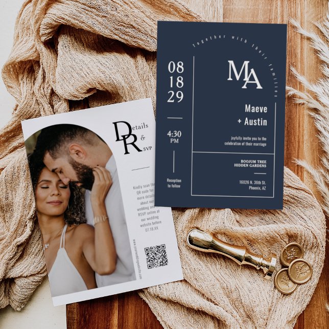 Simple Navy Blue Modern Minimal Arch Photo QR Code Invitation (Creator Uploaded)