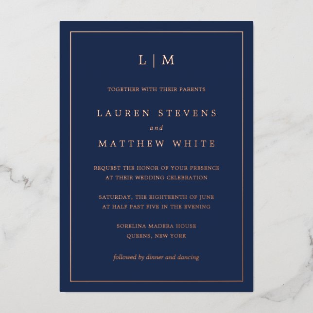 Simple Navy Blue Monogram Elegant Wedding (Front)