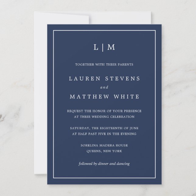 Simple Navy Blue Monogram Elegant Wedding Invitation (Front)