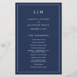 Simple Navy Blue Monogram Elegant Wedding Program