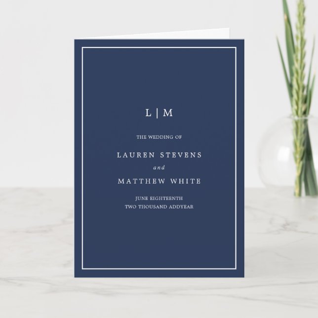 Simple Navy Blue Monogram Elegant Wedding Programme (Front)