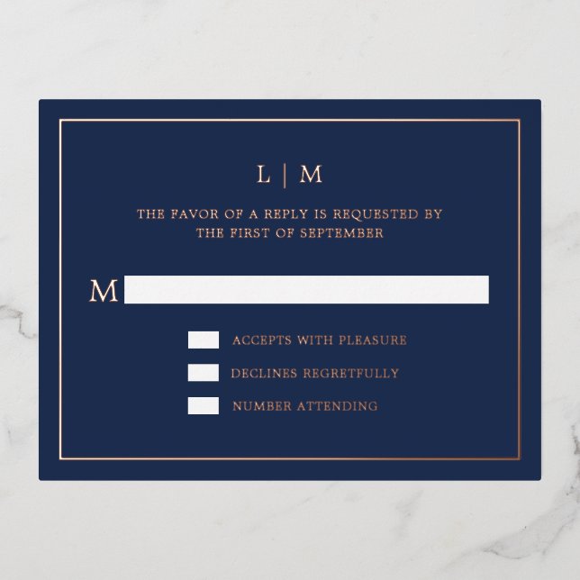 Simple Navy Blue Monogram Elegant Wedding RSVP Foil Invitation Postcard (Front)
