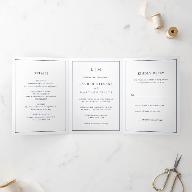 Simple Navy Blue Monogram Elegant Wedding Tri-Fold Invitation (Inside)