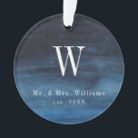 Simple Navy Blue Monogram Newlywed First Christmas Ornament<br><div class="desc">Did you get married this year? Add a memory to your tree with this modern and masculine keepsake ornament with a simple design featuring your monogram and your last name and the year of your wedding over a dark navy blue watercolor wash. This ornament also makes a great gift for...</div>