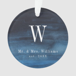 Simple Navy Blue Monogram Newlywed First Christmas Ornament