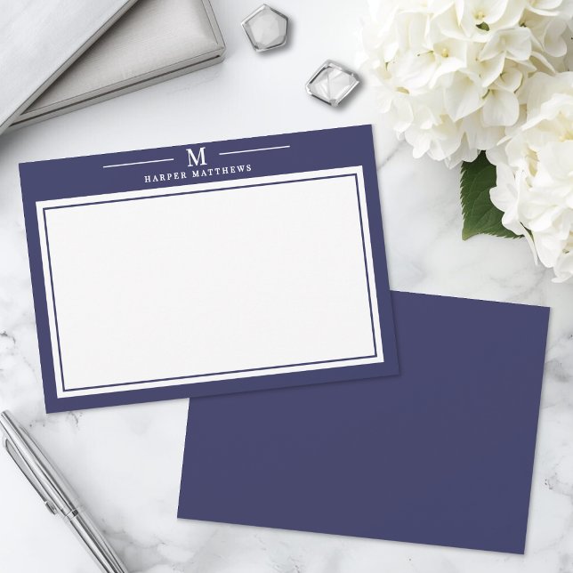 Simple Navy Blue Monogram Stationery Card (Simple Navy Blue Monogram Stationery Note Card)