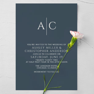 Simple Navy Blue Monogram Wedding Invitation