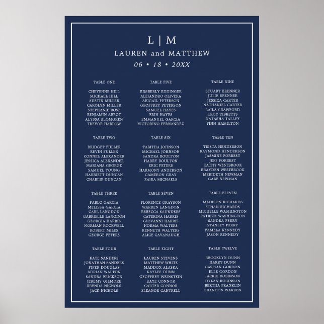 Simple Navy Blue Monogram Wedding Seating Chart (Front)