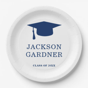 Simple Navy Blue Mortar Board Modern Graduation Paper Plate