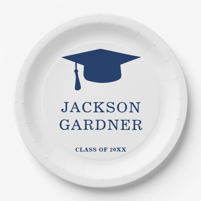 Simple Navy Blue Mortar Board Modern Graduation Paper Plate (Front)