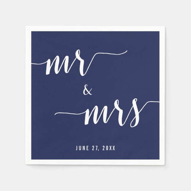 Simple Navy Blue Mr. and Mrs. Wedding Napkins (Front)