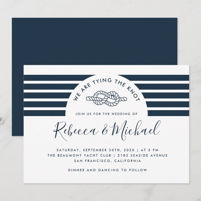 Simple Navy Blue Nautical Tying The Knot Wedding Invitation (Front/Back)