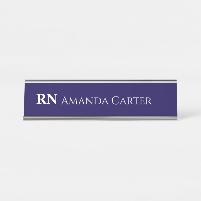 Simple Navy Blue Personalised Name RN Nurse Desk Name Plate (Front)