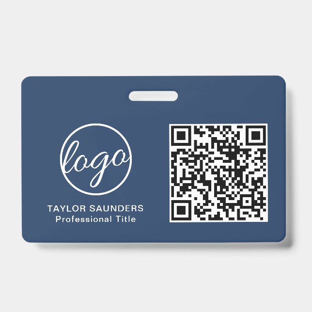 Simple Navy Blue QR Code Employee ID Badge (Front)