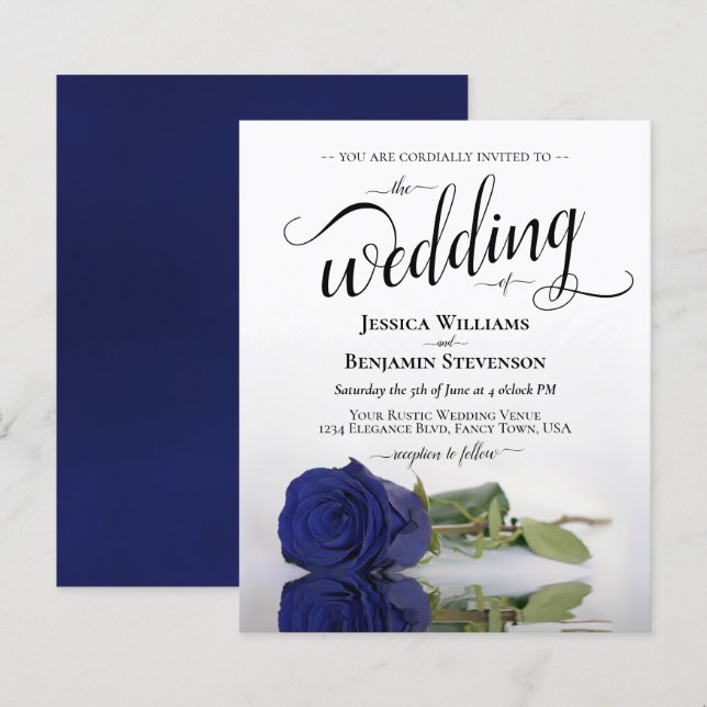 Simple Navy Blue Rose BUDGET Wedding Invitation (Front/Back)