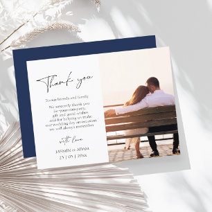 Simple Navy Blue Script Photo Wedding Thank You Postcard