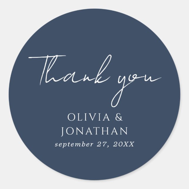 Simple Navy Blue Script Thank You Favour Wedding Classic Round Sticker (Front)