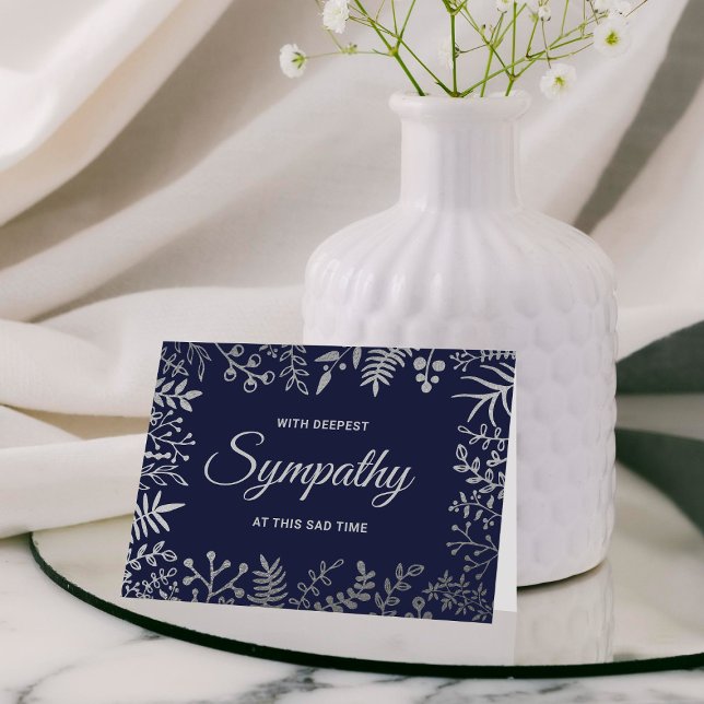 Simple Navy Blue & Silver Foil Floral Sympathy Card (Creator Uploaded)