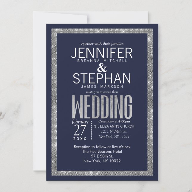 Simple Navy Blue Silver Glitter Sequin Wedding Invitation (Front)