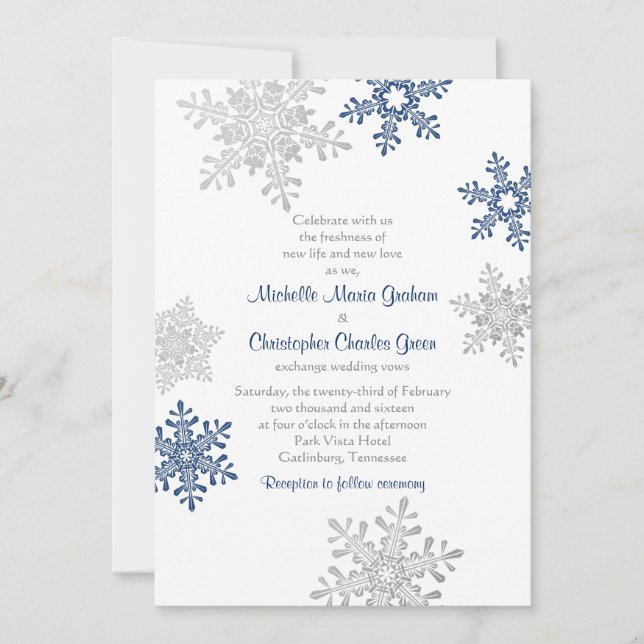 Simple Navy Blue Silver Snowflake Winter Wedding Invitation (Front)