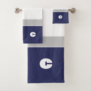 Simple Navy Blue Stripe Monogram Bath Towel Set