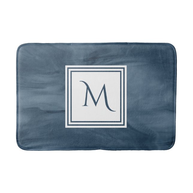 Simple Navy Blue Subtle Marble Modern Monogram Bath Mat (Front)