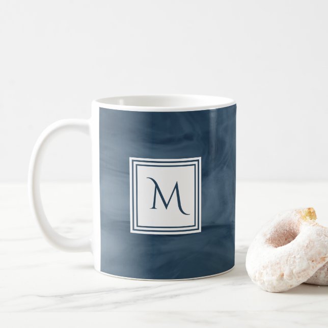 Simple Navy Blue Subtle Marble Modern Monogram Coffee Mug (With Donut)